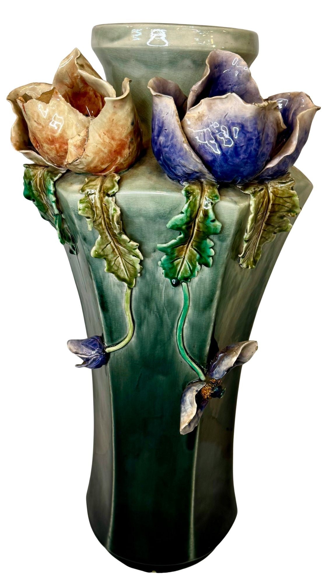 Large Antique Art Deco Faience Majolica Vase Decorated With Sculpted Delicate Flowers