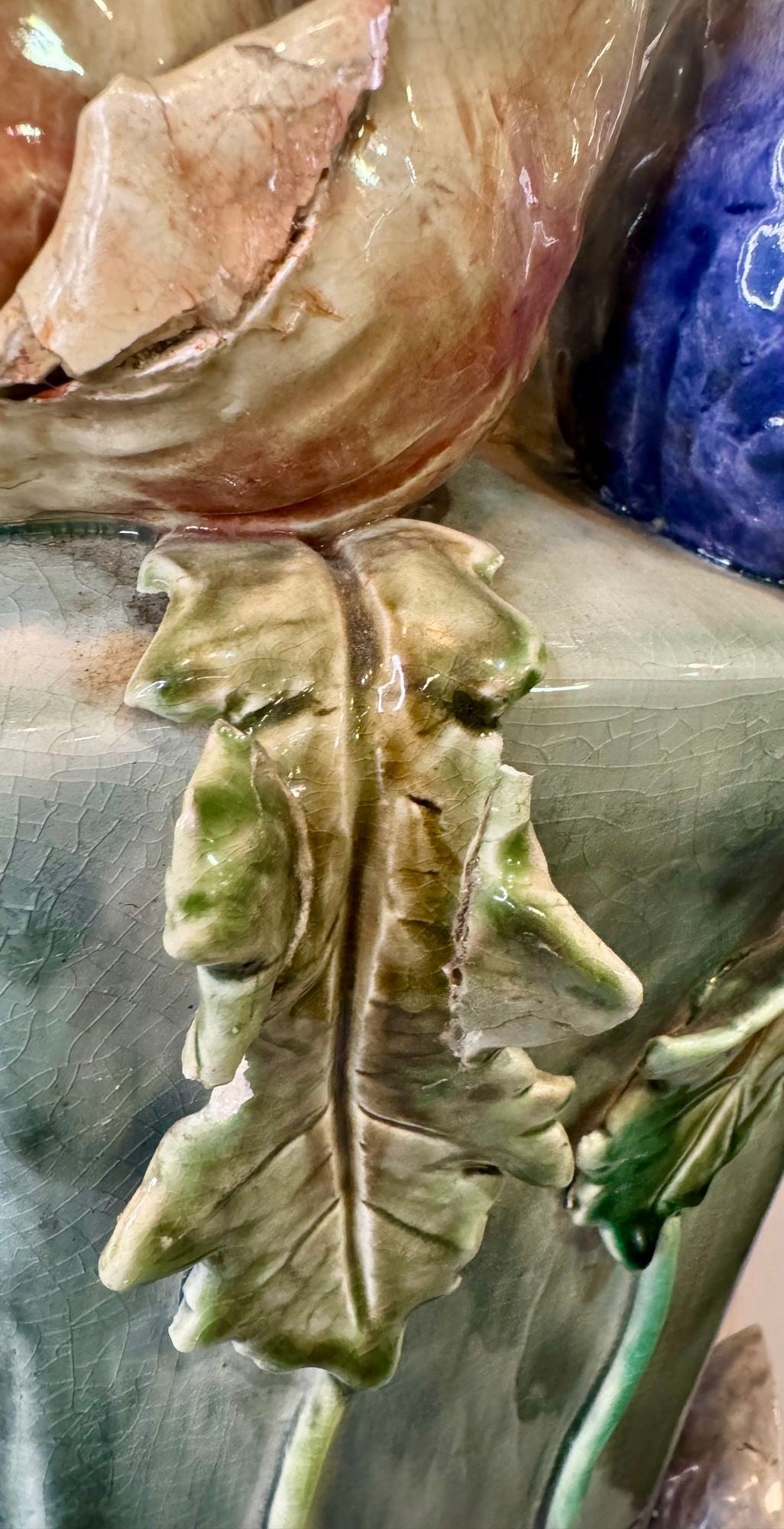 Large Antique Art Deco Faience Majolica Vase Decorated With Sculpted Delicate Flowers