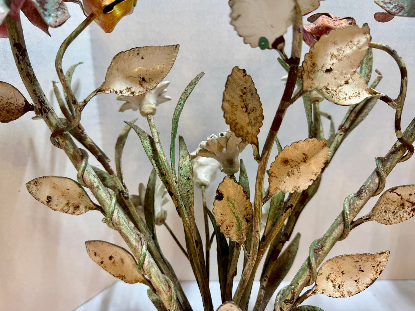 Whimsical Pair Of Mid Centry Italian Florentine Tole Style Bent Metal Electric Floral Sconces