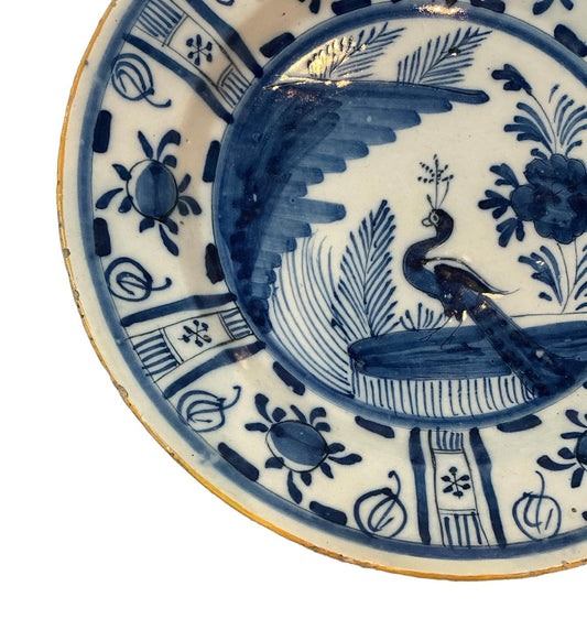 18th Century Delft Platter with Peacock