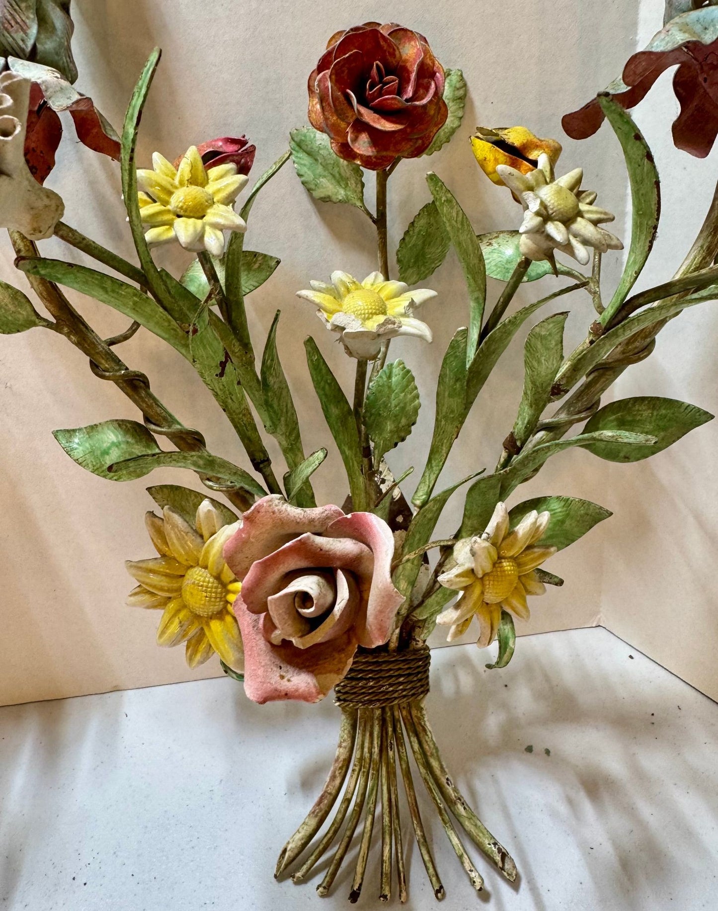 Whimsical Pair Of Mid Centry Italian Florentine Tole Style Bent Metal Electric Floral Sconces