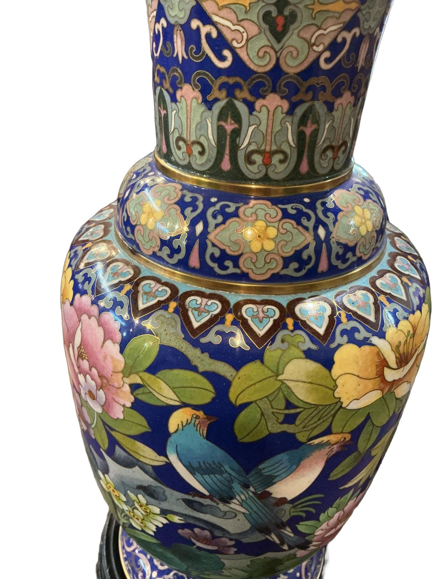Exceptional Pair of Chinese Cloisonné Vases with Carved Stands