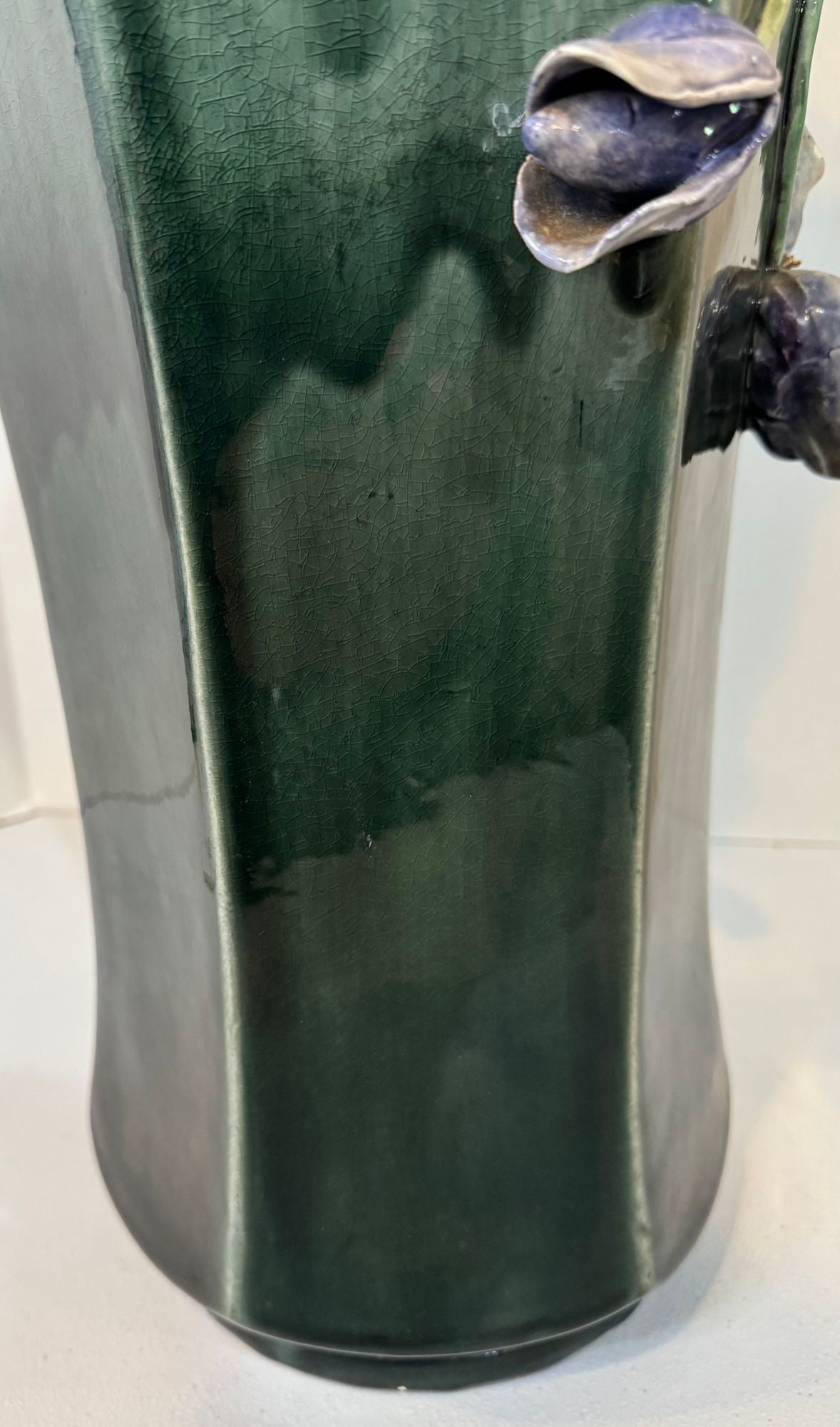 Large Antique Art Deco Faience Majolica Vase Decorated With Sculpted Delicate Flowers