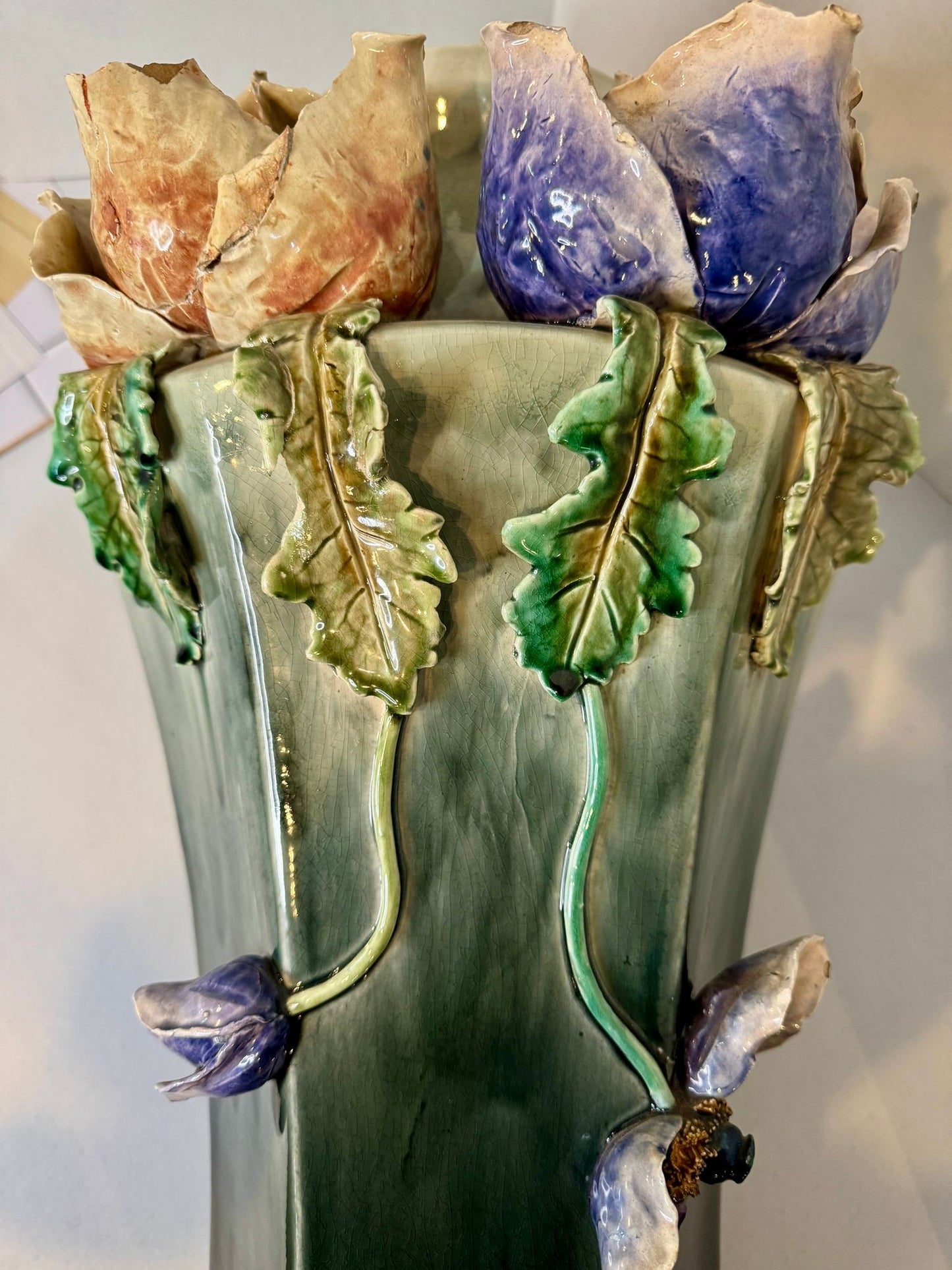 Large Antique Art Deco Faience Majolica Vase Decorated With Sculpted Delicate Flowers