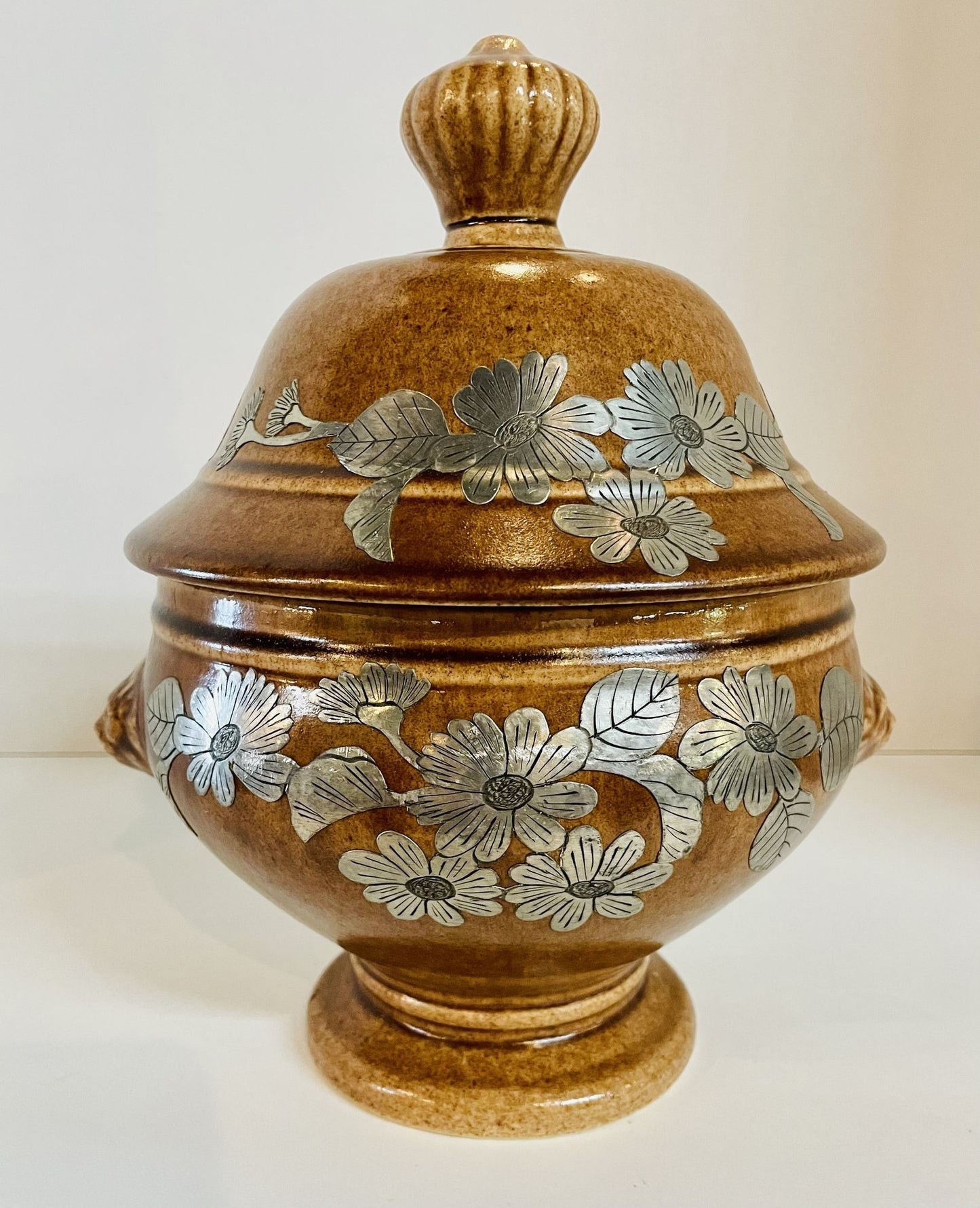Pottery Urn with Metal Accents