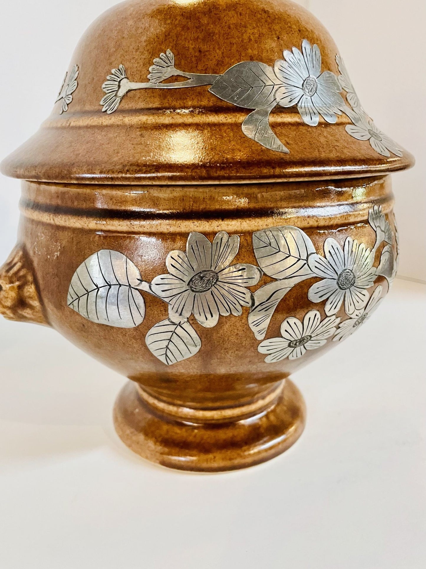 Pottery Urn with Metal Accents