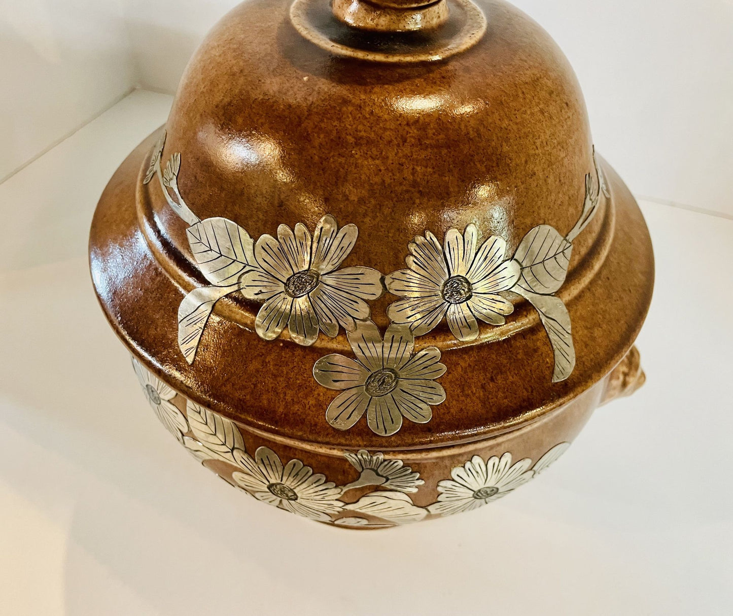 Pottery Urn with Metal Accents