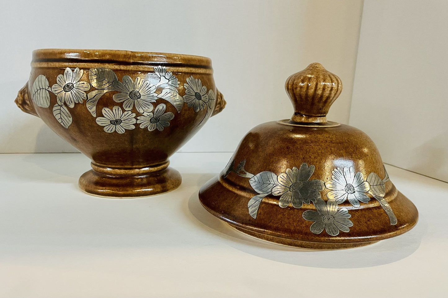 Pottery Urn with Metal Accents
