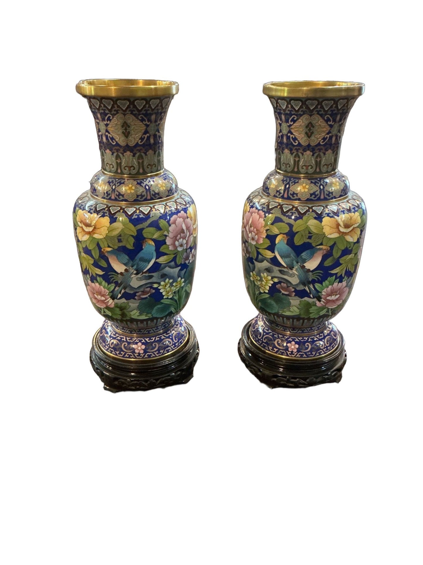 Exceptional Pair of Chinese Cloisonné Vases with Carved Stands