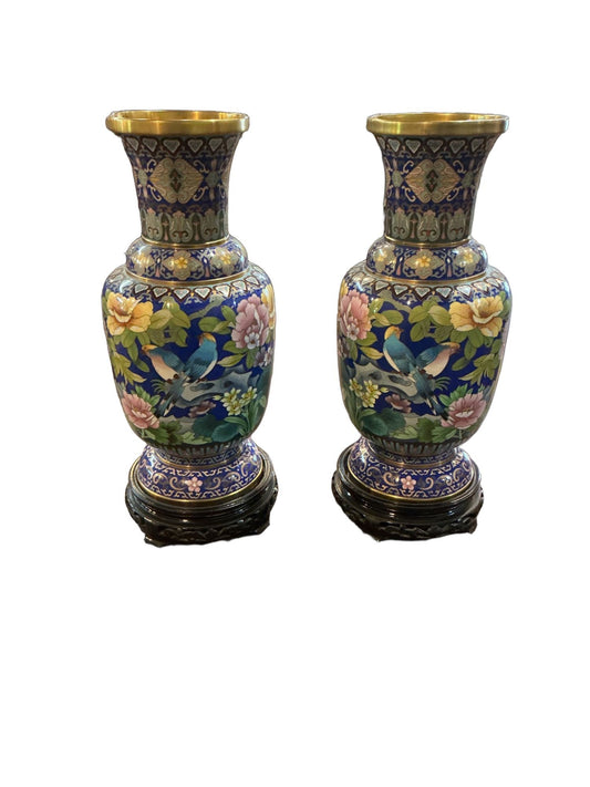 Exceptional Pair of Chinese Cloisonné Vases with Carved Stands