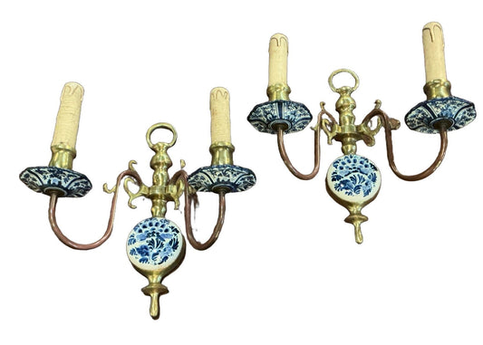 Dutch Delft Hand Painted Sconces - Pair