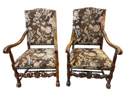 French Walnut Continental Arm Chairs in Vintage Floral Fabric, Pair