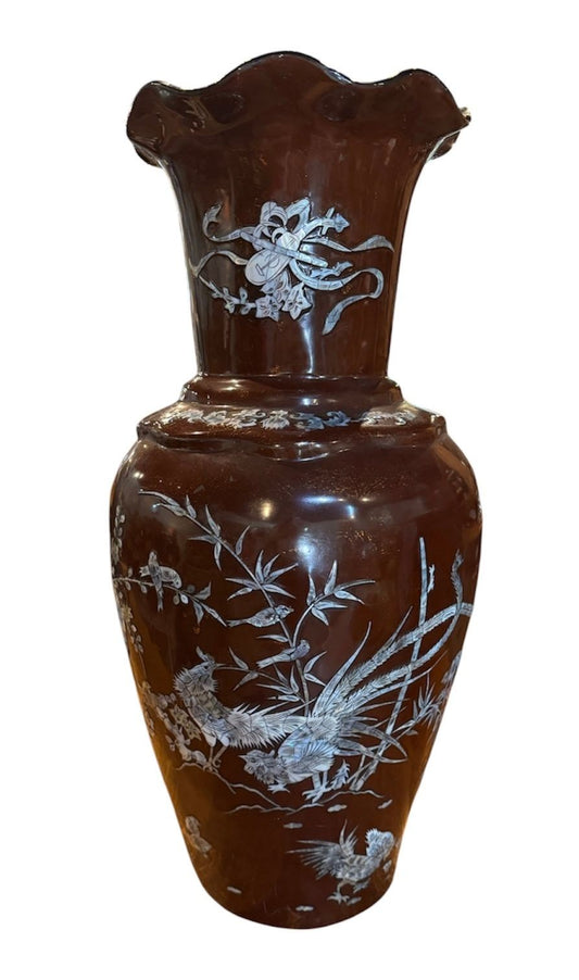 20th Century Asian Laquer and Mother of Pearl Inlay Vase
