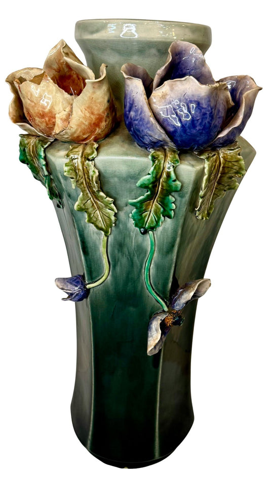 Large Antique Art Deco Faience Majolica Vase Decorated With Sculpted Delicate Flowers