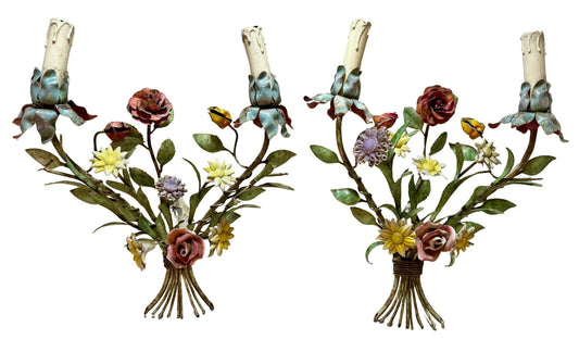 Whimsical Pair Of Mid Centry Italian Florentine Tole Style Bent Metal Electric Floral Sconces