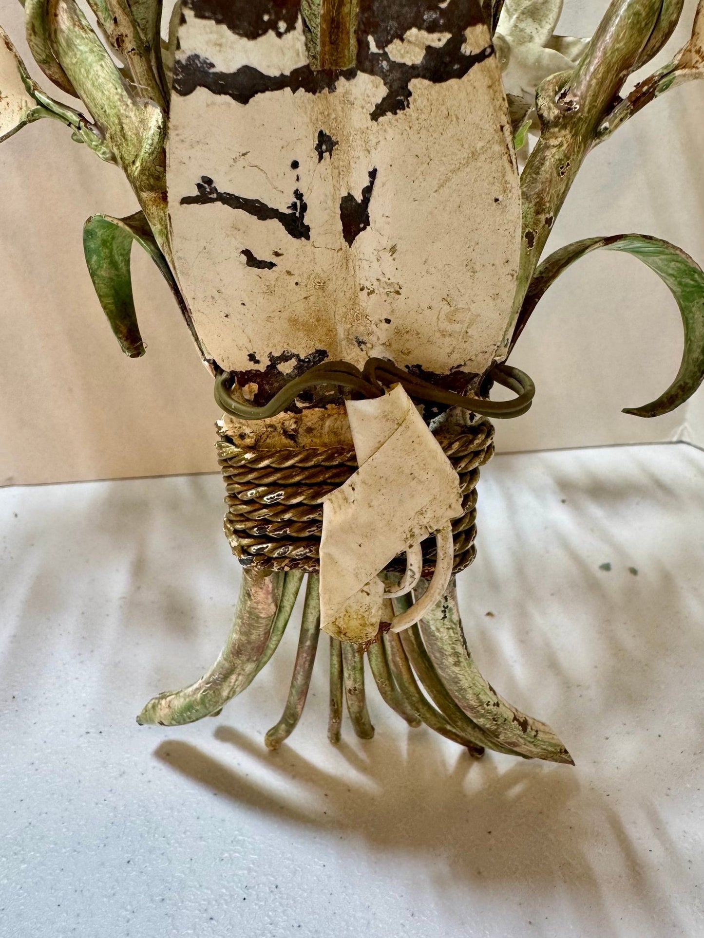 Whimsical Pair Of Mid Centry Italian Florentine Tole Style Bent Metal Electric Floral Sconces