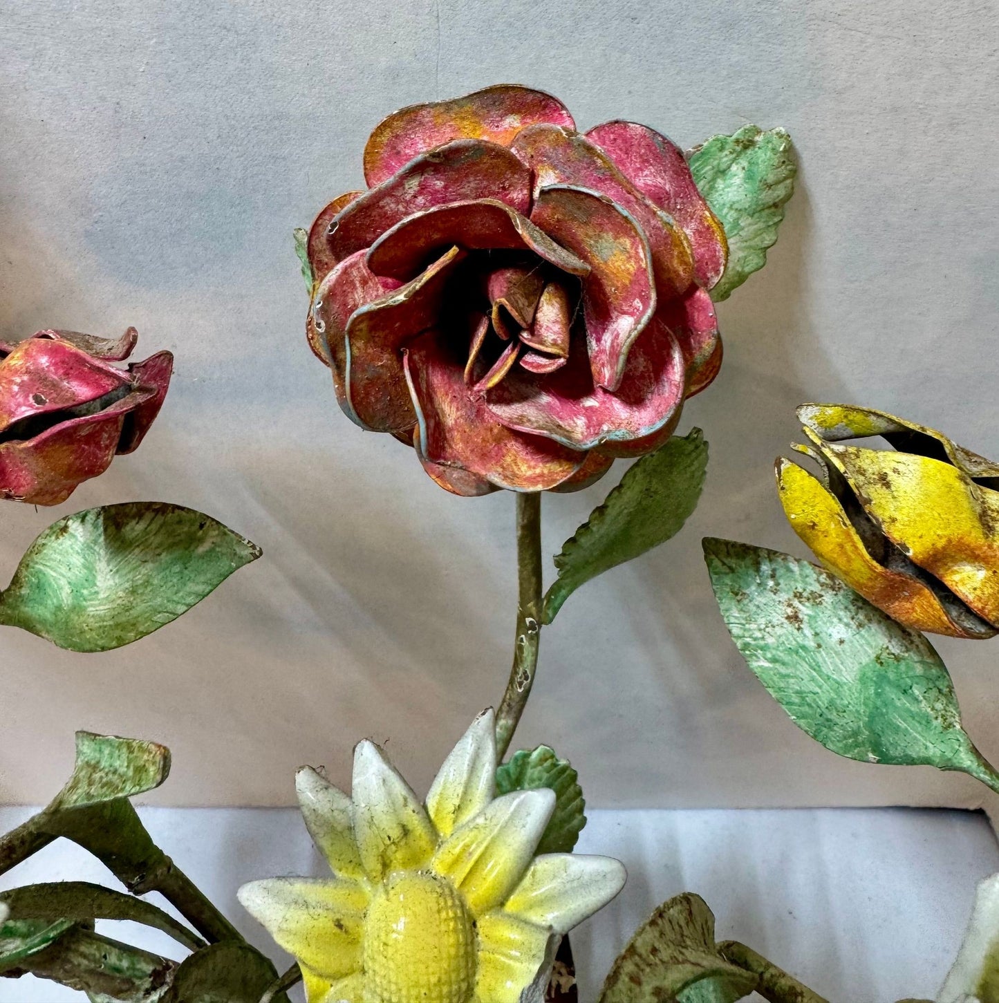 Whimsical Pair Of Mid Centry Italian Florentine Tole Style Bent Metal Electric Floral Sconces