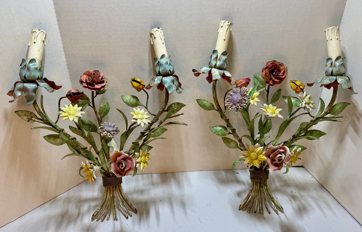 Whimsical Pair Of Mid Centry Italian Florentine Tole Style Bent Metal Electric Floral Sconces