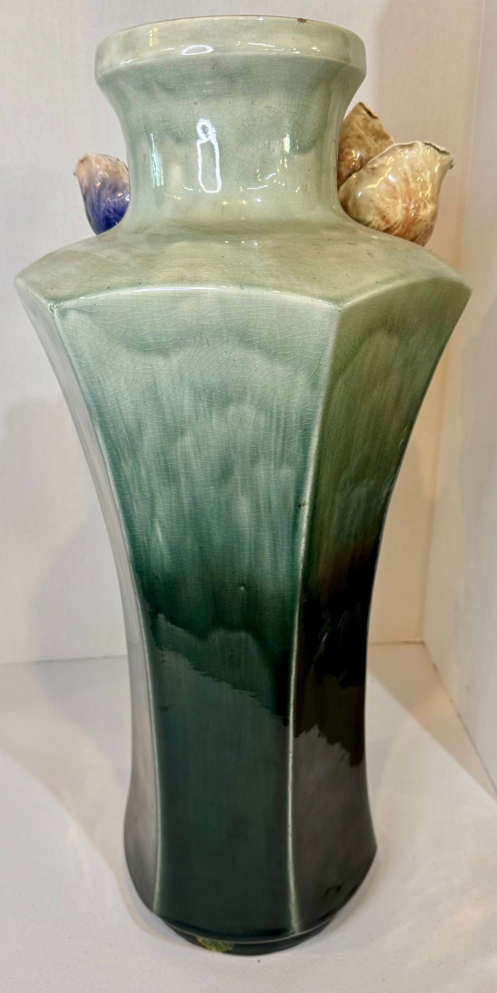 Large Antique Art Deco Faience Majolica Vase Decorated With Sculpted Delicate Flowers