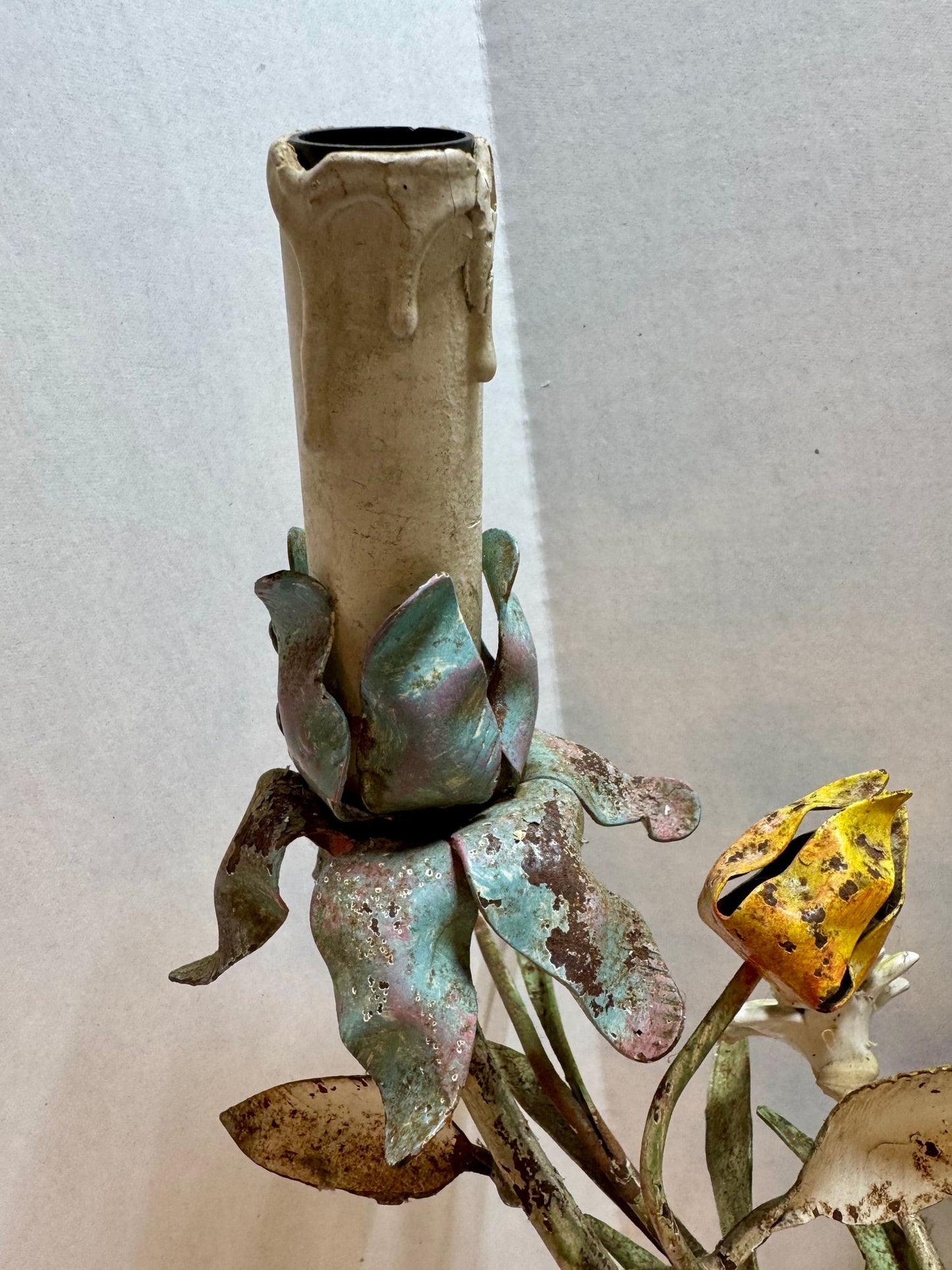 Whimsical Pair Of Mid Centry Italian Florentine Tole Style Bent Metal Electric Floral Sconces