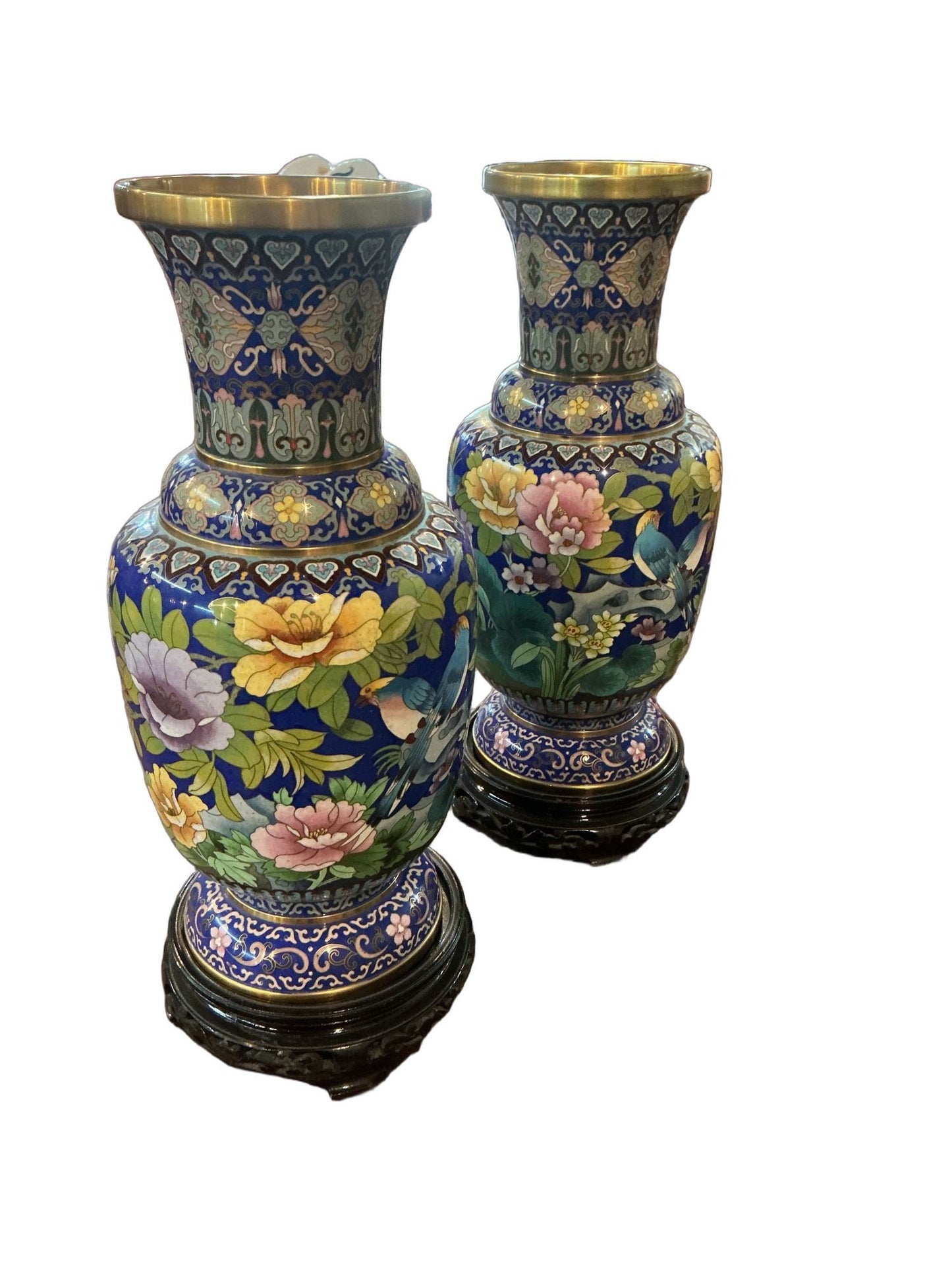 Exceptional Pair of Chinese Cloisonné Vases with Carved Stands