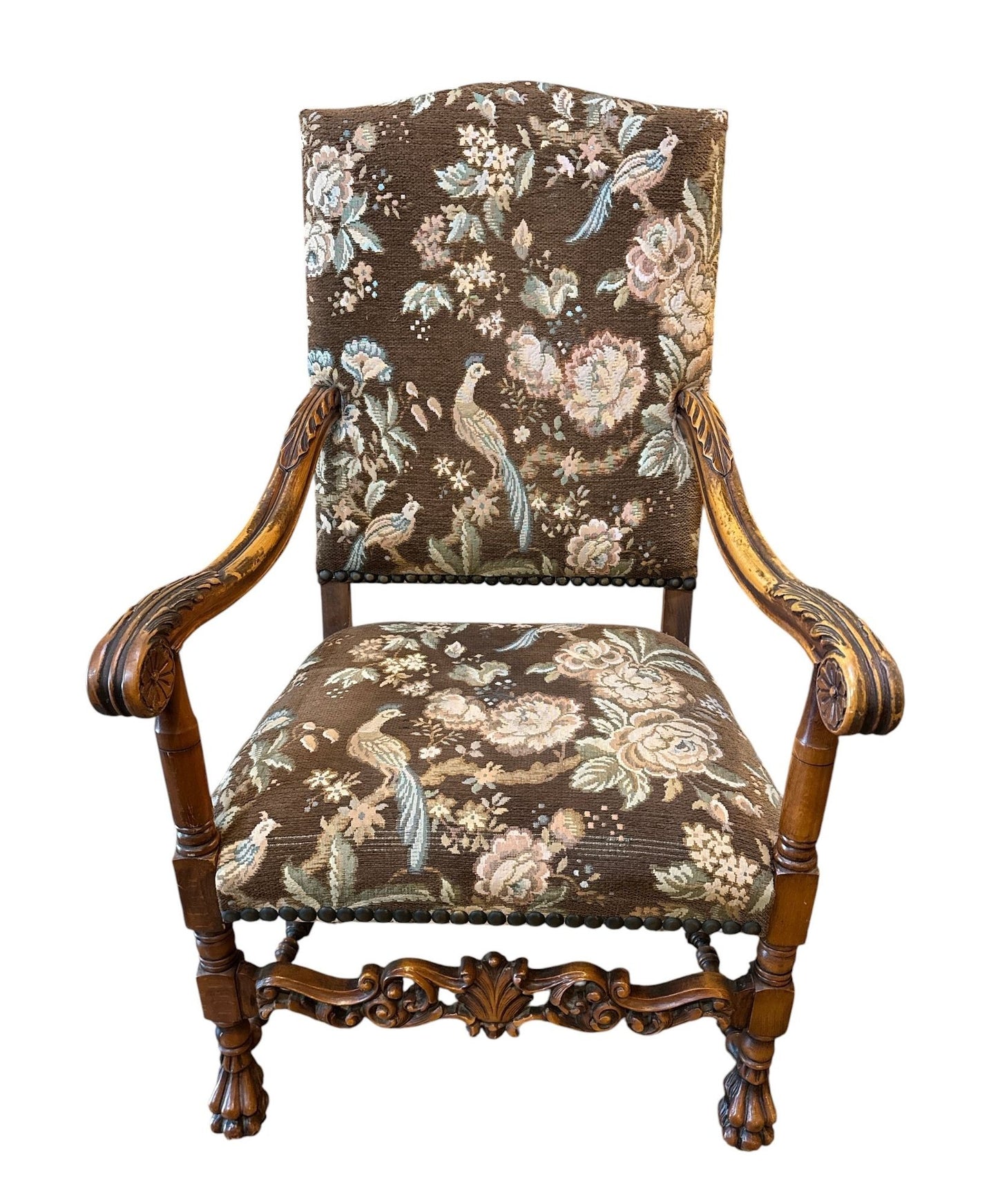 French Walnut Continental Arm Chairs in Vintage Floral Fabric, Pair