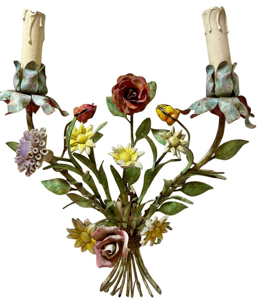 Whimsical Pair Of Mid Centry Italian Florentine Tole Style Bent Metal Electric Floral Sconces