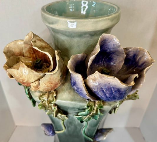 Large Antique Art Deco Faience Majolica Vase Decorated With Sculpted Delicate Flowers