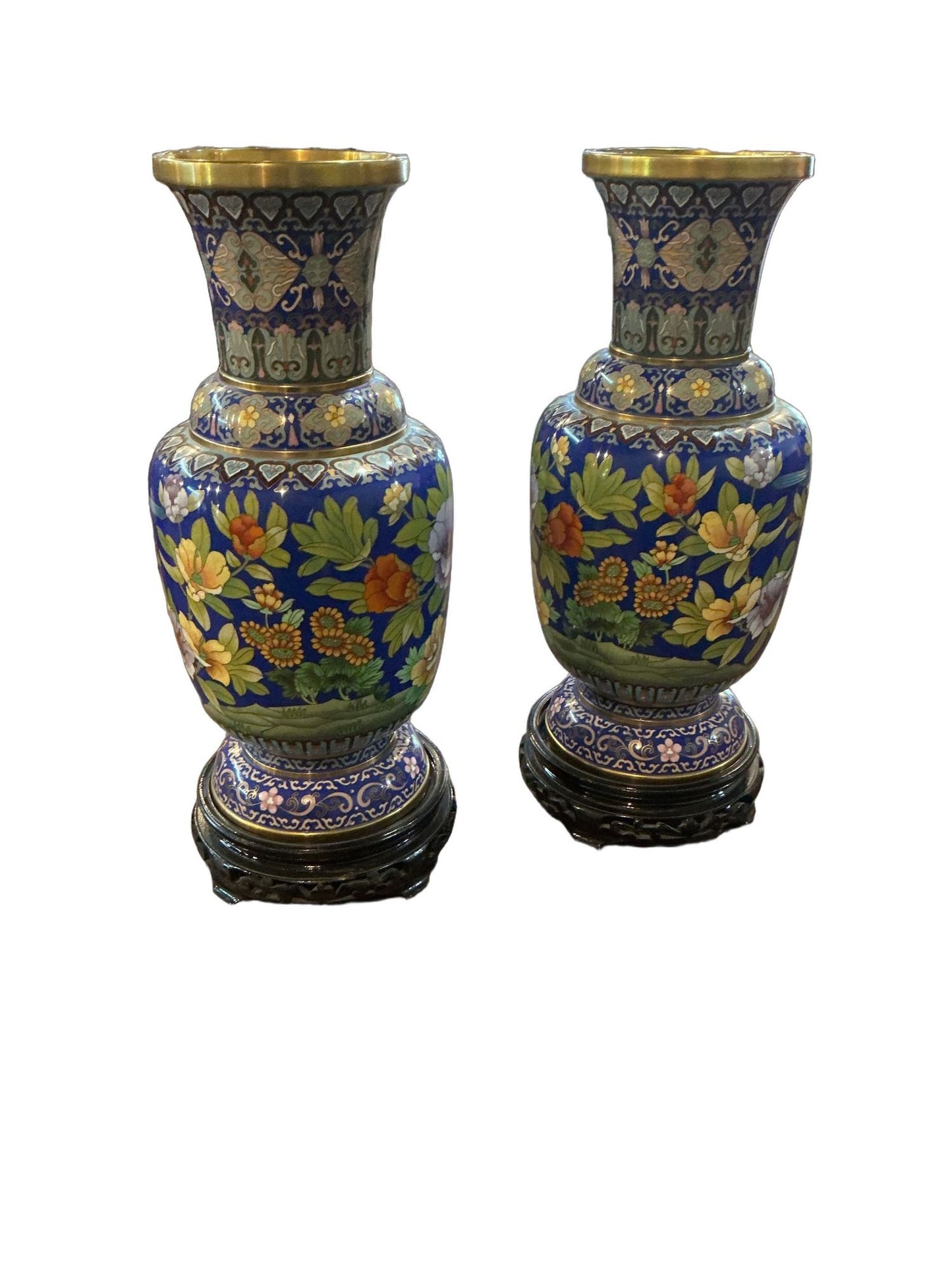 Exceptional Pair of Chinese Cloisonné Vases with Carved Stands