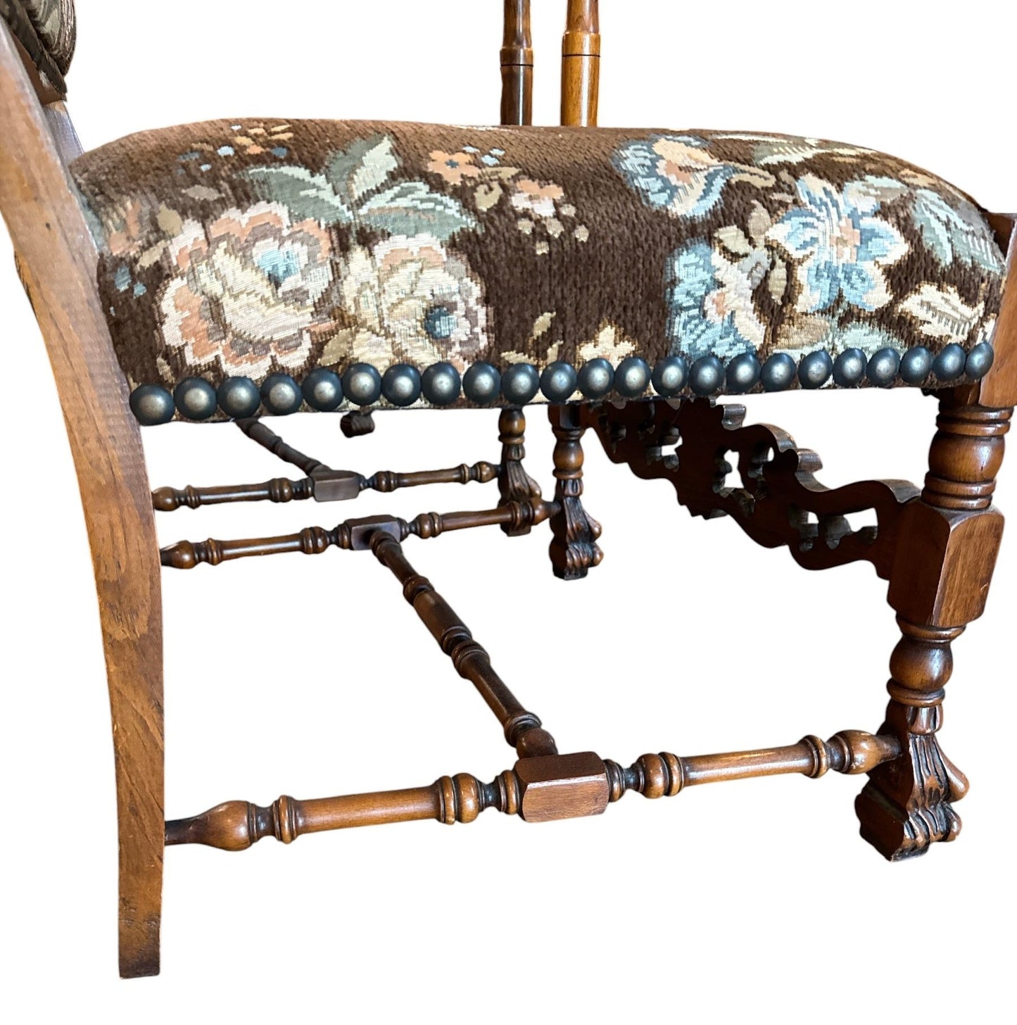 French Walnut Continental Arm Chairs in Vintage Floral Fabric, Pair