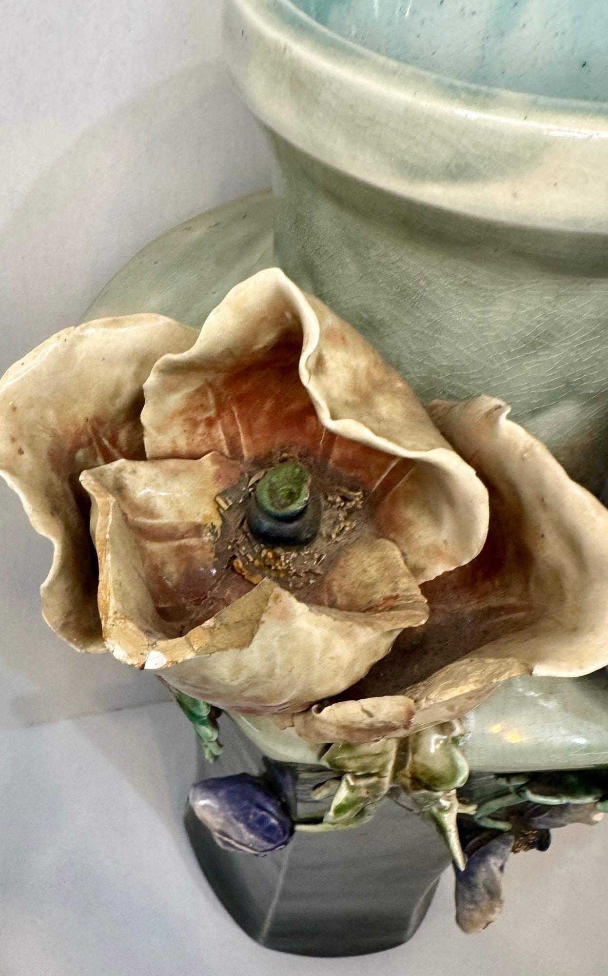 Large Antique Art Deco Faience Majolica Vase Decorated With Sculpted Delicate Flowers