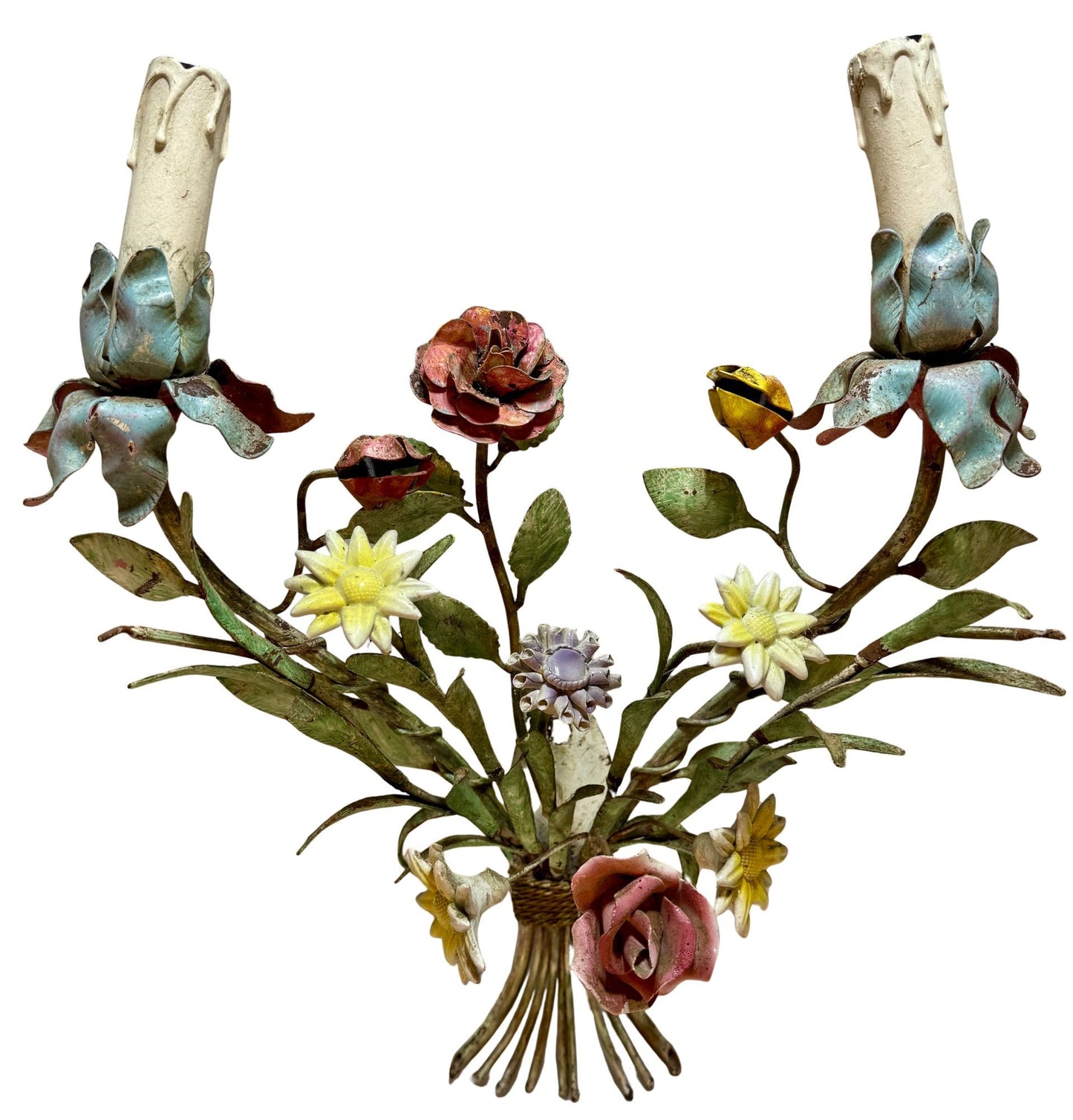 Whimsical Pair Of Mid Centry Italian Florentine Tole Style Bent Metal Electric Floral Sconces
