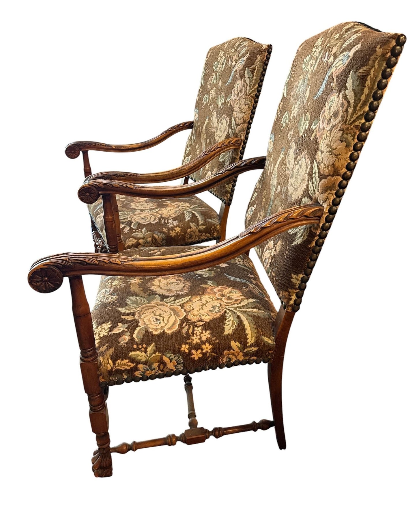 French Walnut Continental Arm Chairs in Vintage Floral Fabric, Pair