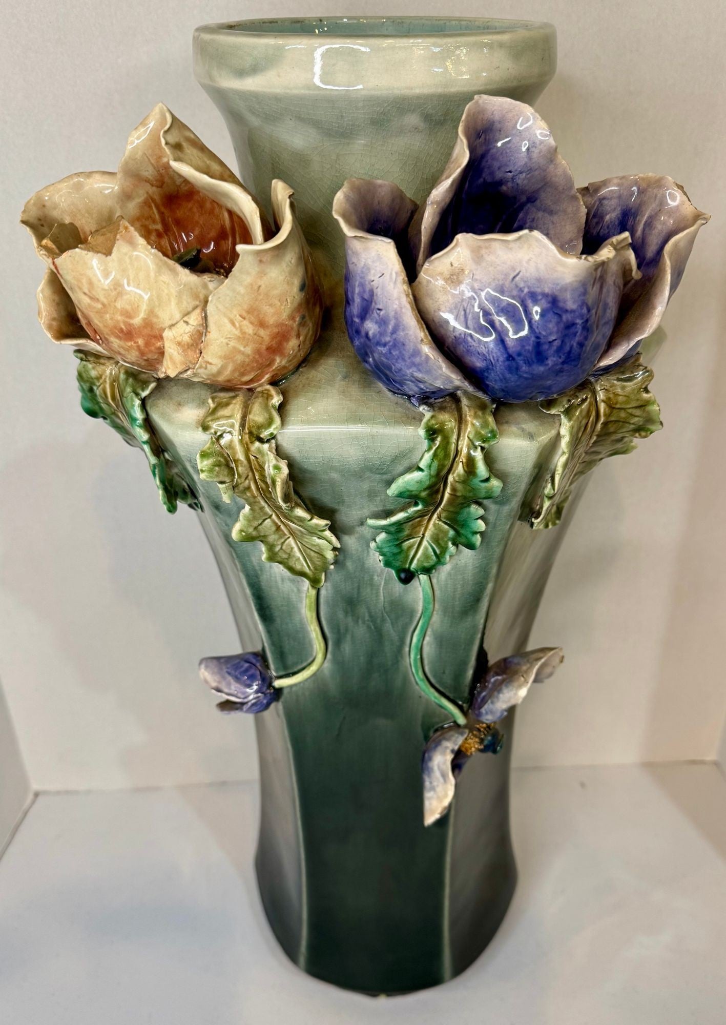 Large Antique Art Deco Faience Majolica Vase Decorated With Sculpted Delicate Flowers