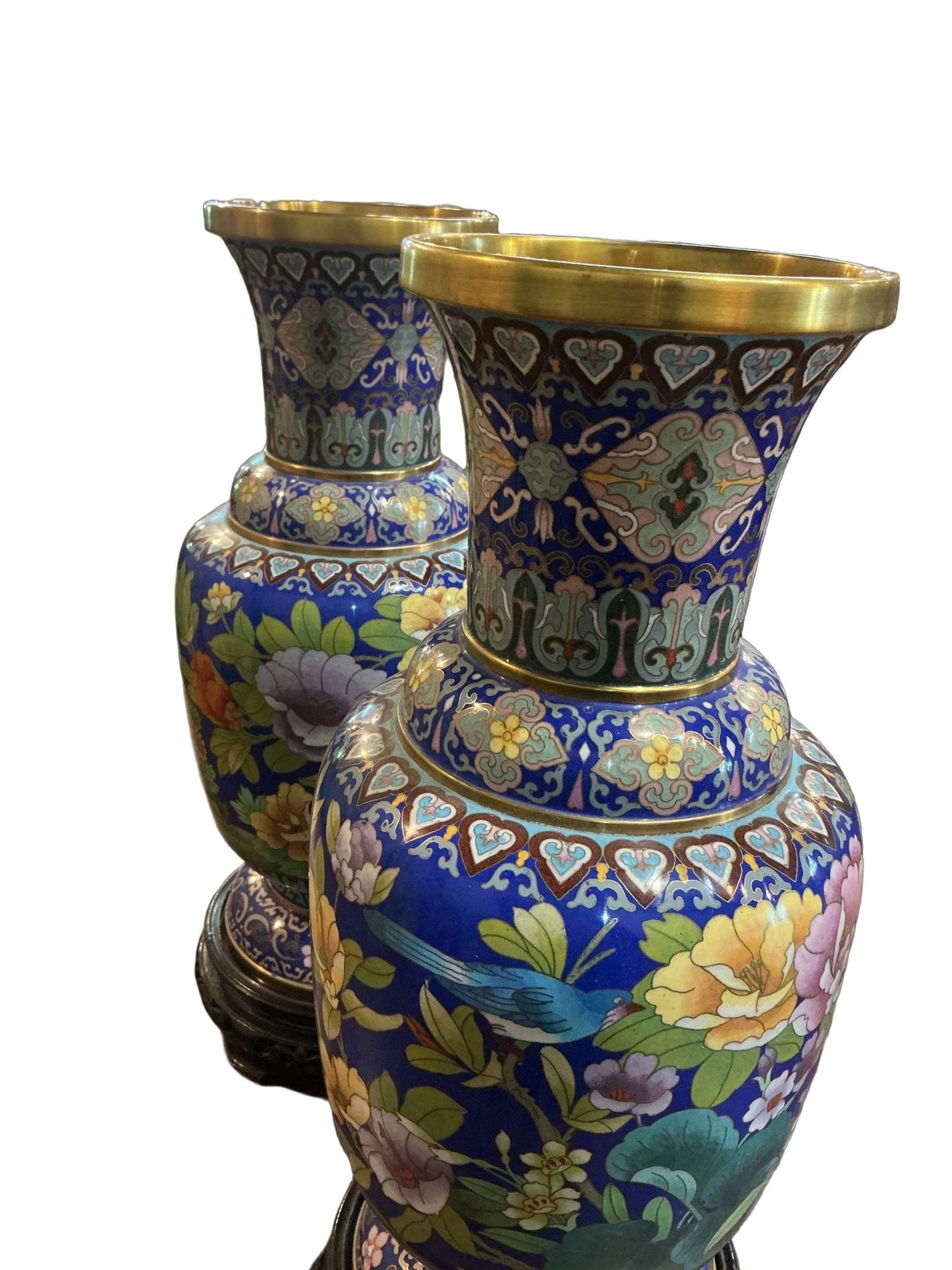 Exceptional Pair of Chinese Cloisonné Vases with Carved Stands