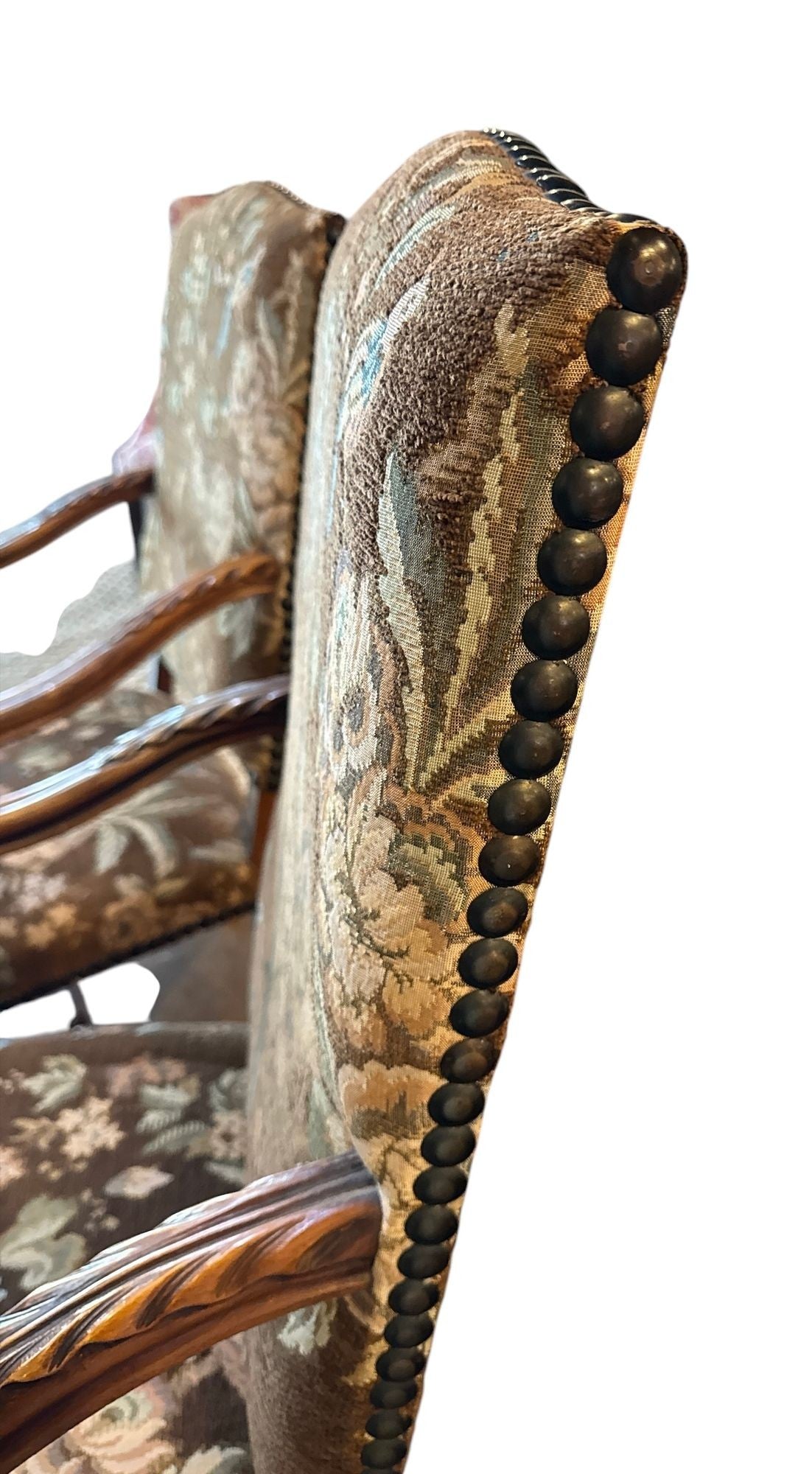French Walnut Continental Arm Chairs in Vintage Floral Fabric, Pair