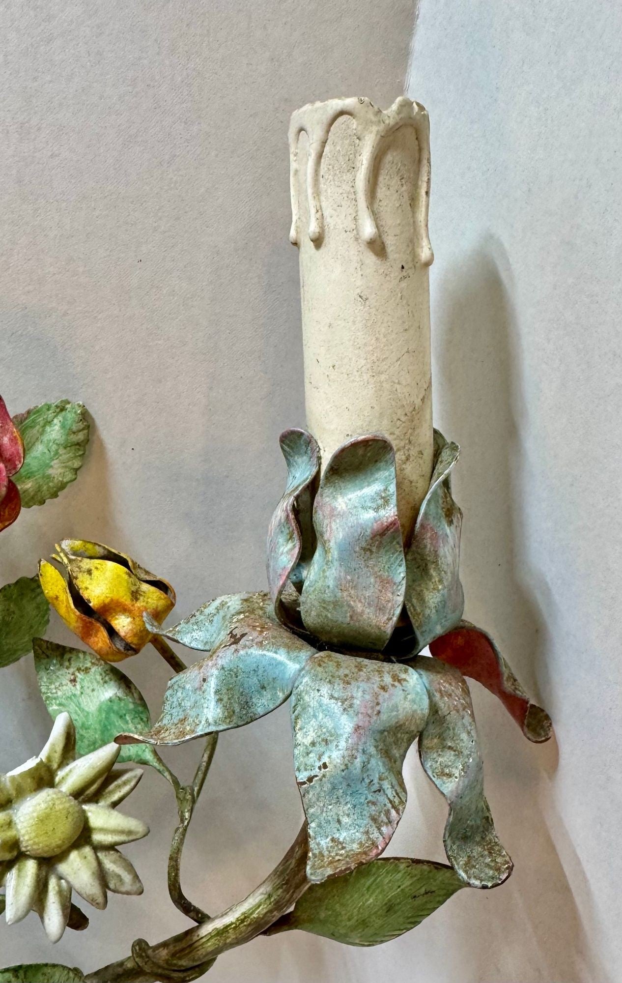 Whimsical Pair Of Mid Centry Italian Florentine Tole Style Bent Metal Electric Floral Sconces