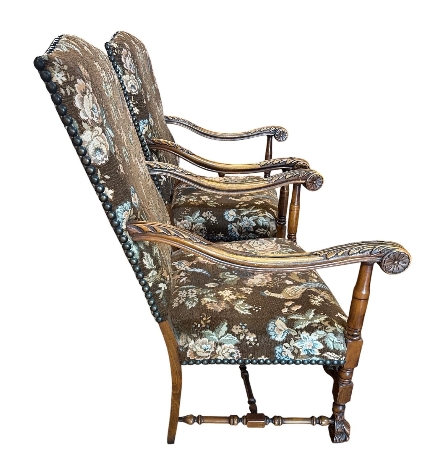 French Walnut Continental Arm Chairs in Vintage Floral Fabric, Pair