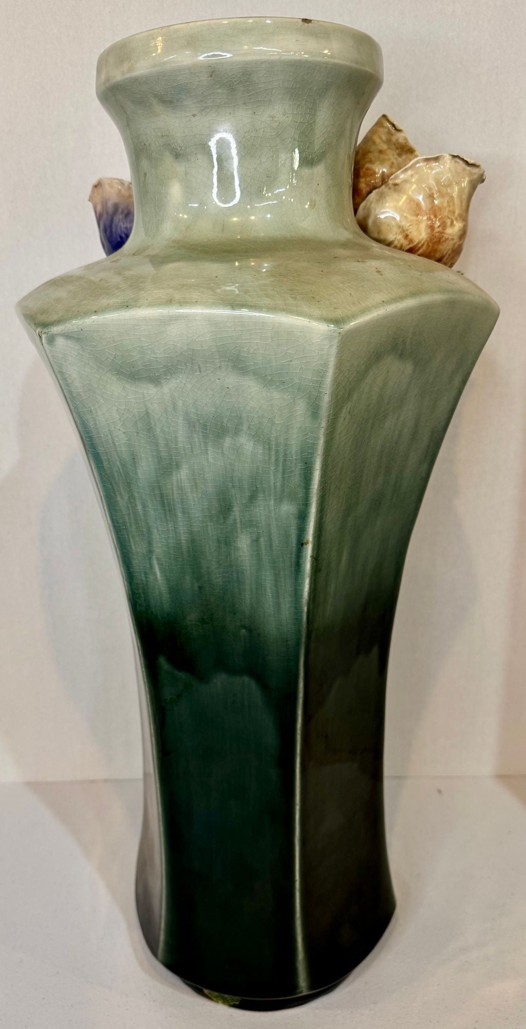 Large Antique Art Deco Faience Majolica Vase Decorated With Sculpted Delicate Flowers