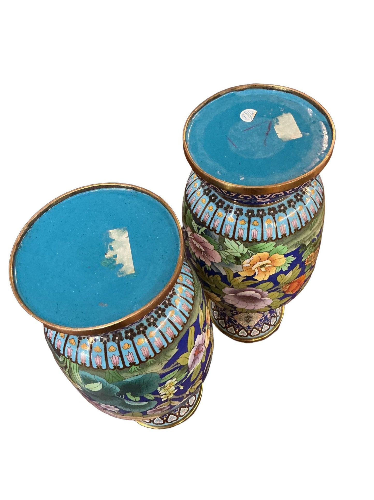 Exceptional Pair of Chinese Cloisonné Vases with Carved Stands