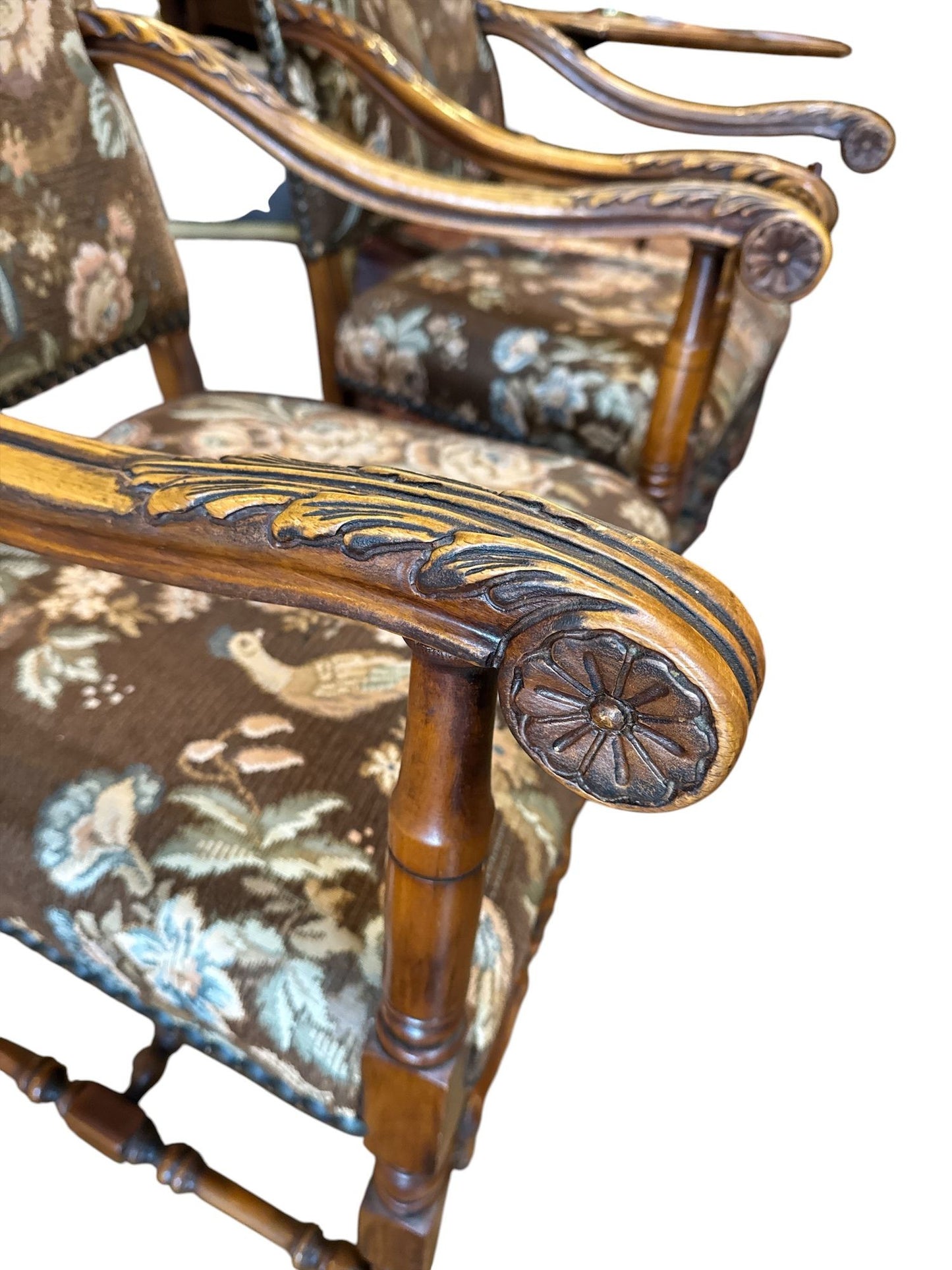 French Walnut Continental Arm Chairs in Vintage Floral Fabric, Pair