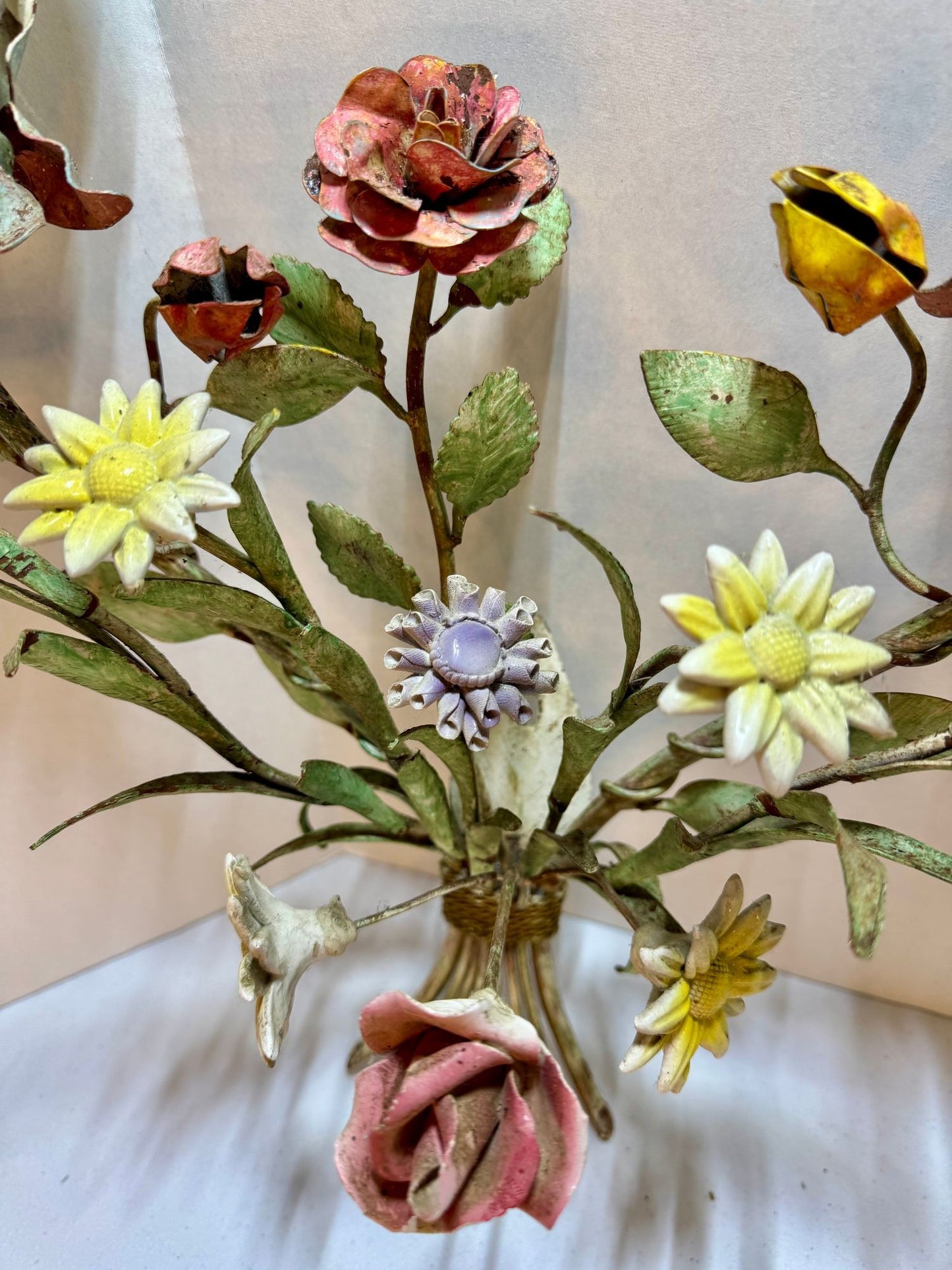 Whimsical Pair Of Mid Centry Italian Florentine Tole Style Bent Metal Electric Floral Sconces