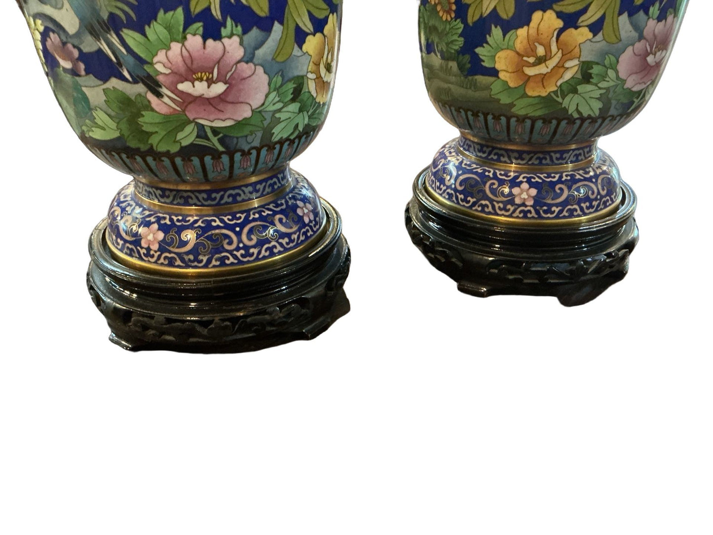 Exceptional Pair of Chinese Cloisonné Vases with Carved Stands