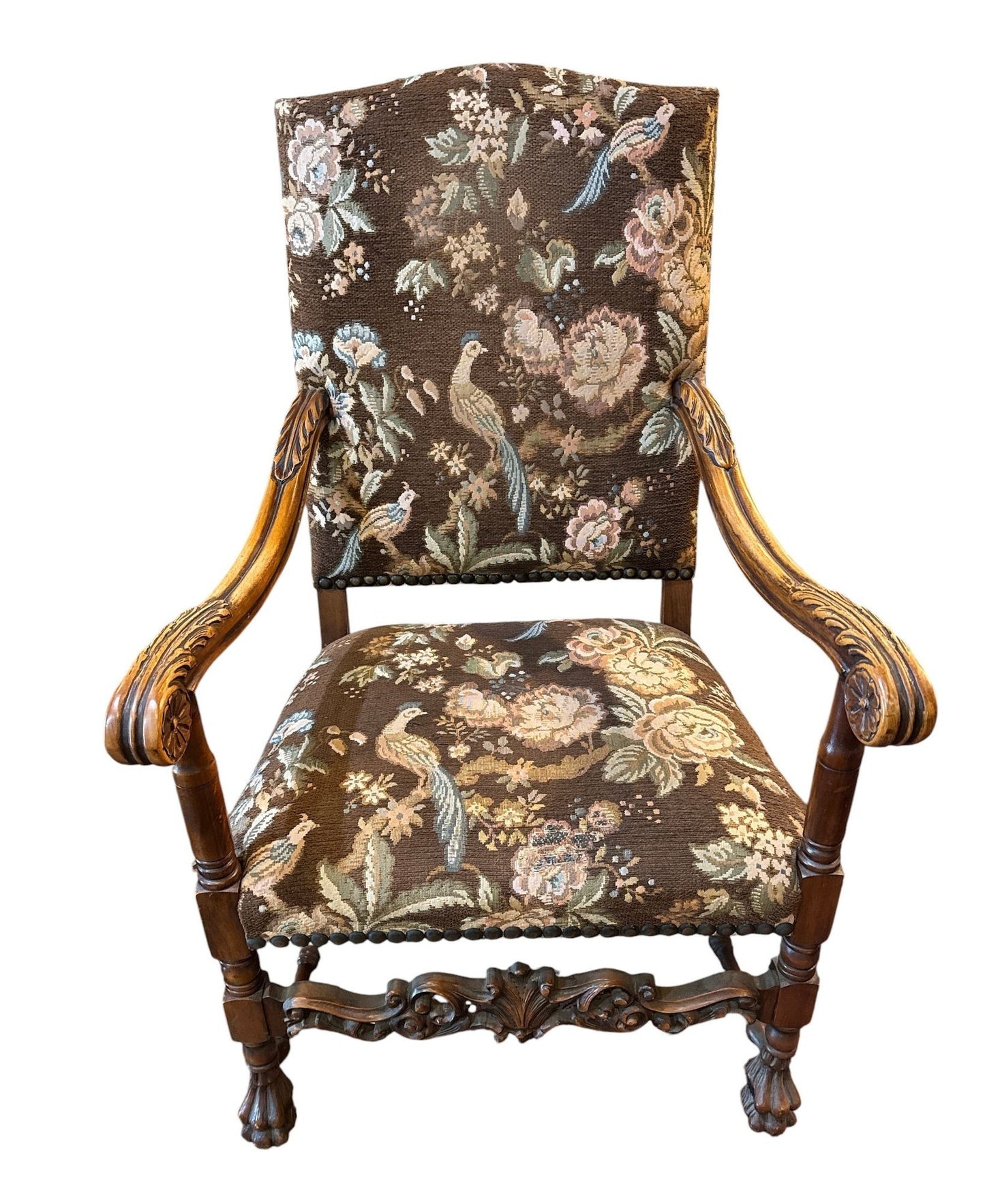 French Walnut Continental Arm Chairs in Vintage Floral Fabric, Pair