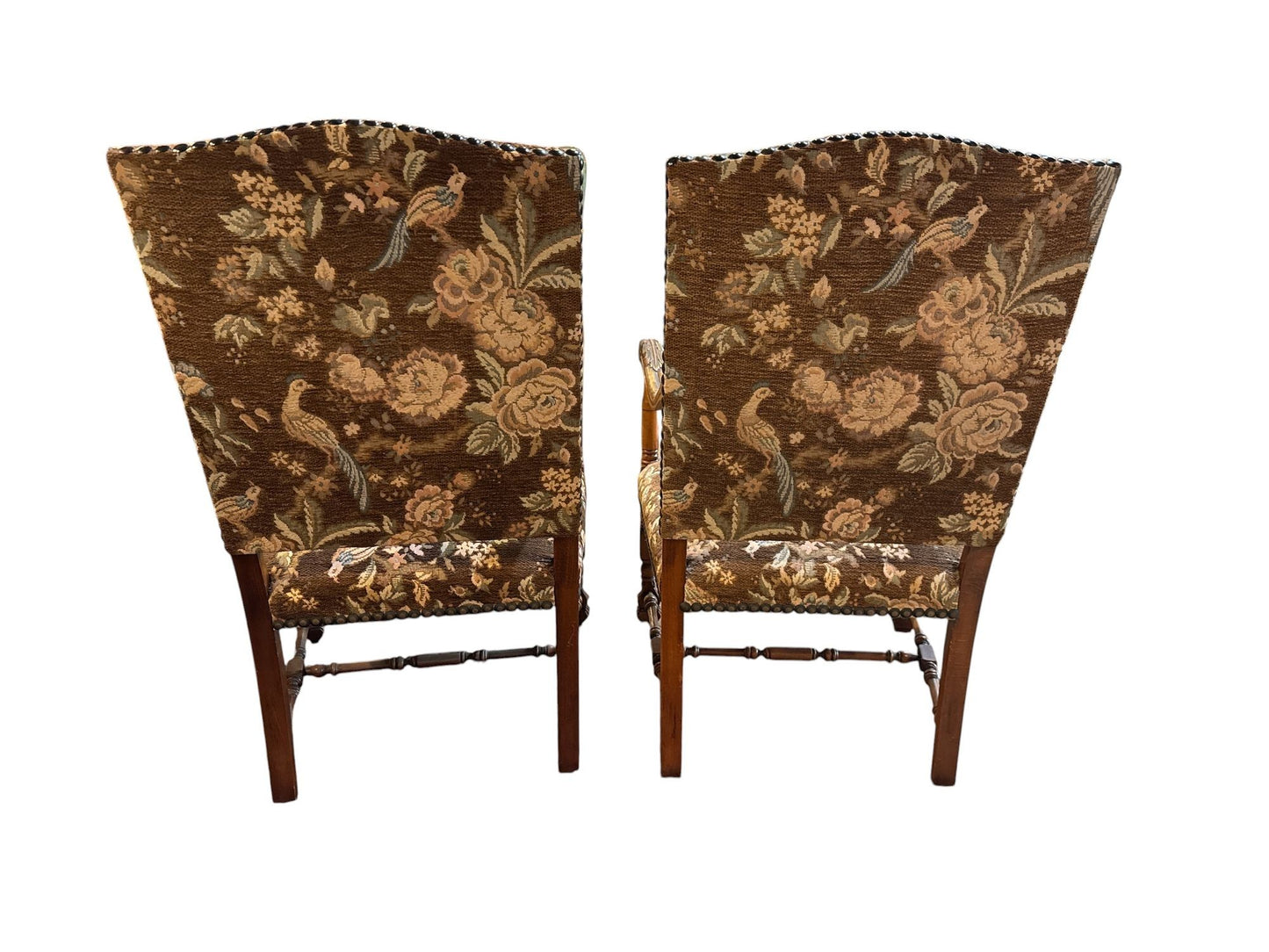 French Walnut Continental Arm Chairs in Vintage Floral Fabric, Pair