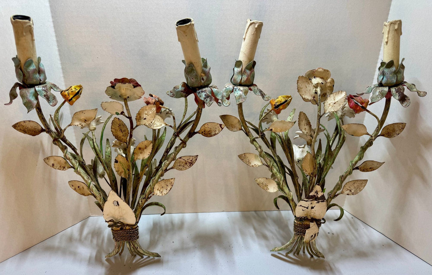 Whimsical Pair Of Mid Centry Italian Florentine Tole Style Bent Metal Electric Floral Sconces