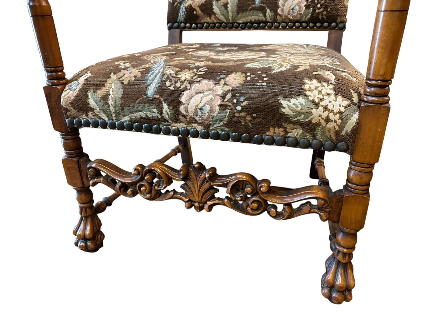 French Walnut Continental Arm Chairs in Vintage Floral Fabric, Pair
