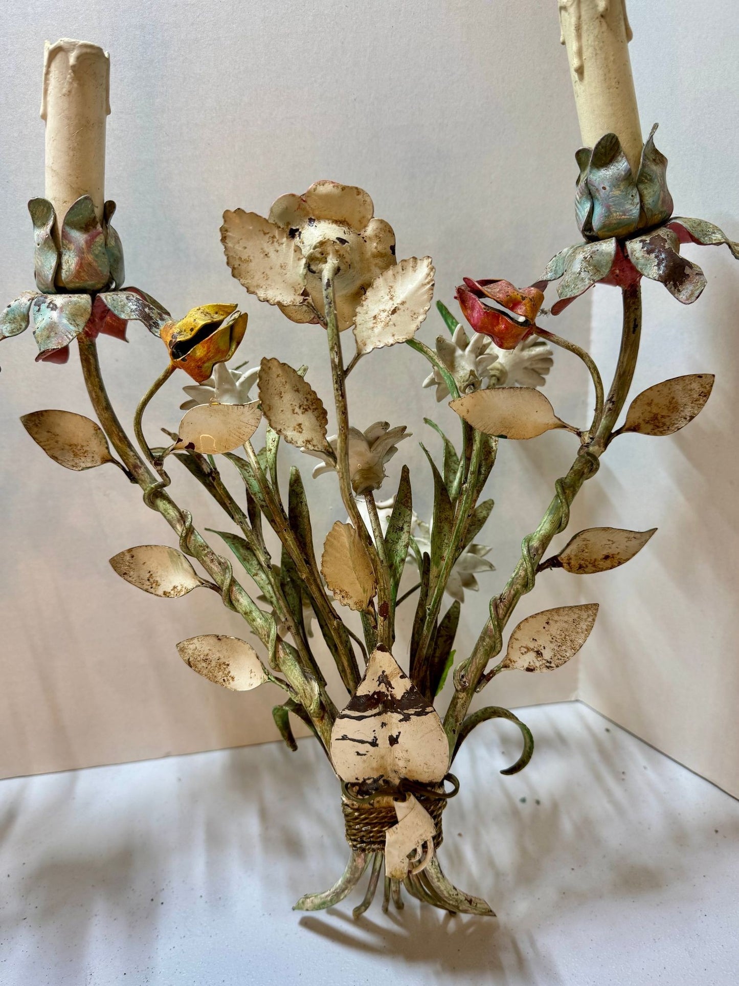 Whimsical Pair Of Mid Centry Italian Florentine Tole Style Bent Metal Electric Floral Sconces