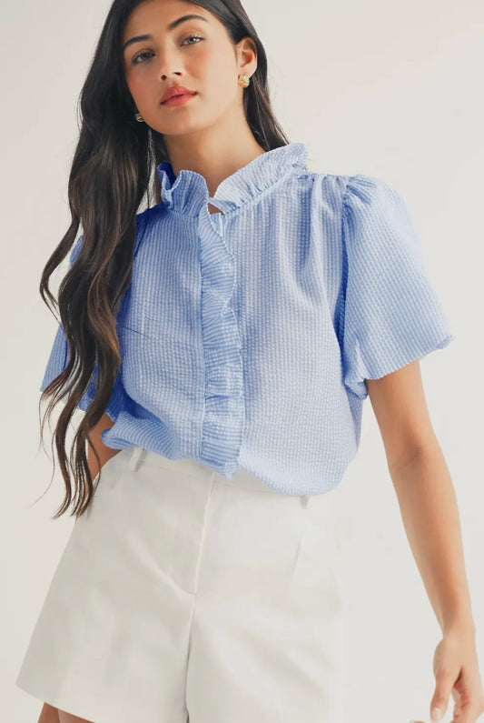 Blue Striped Ruffle Short Bubble Sleeve Top